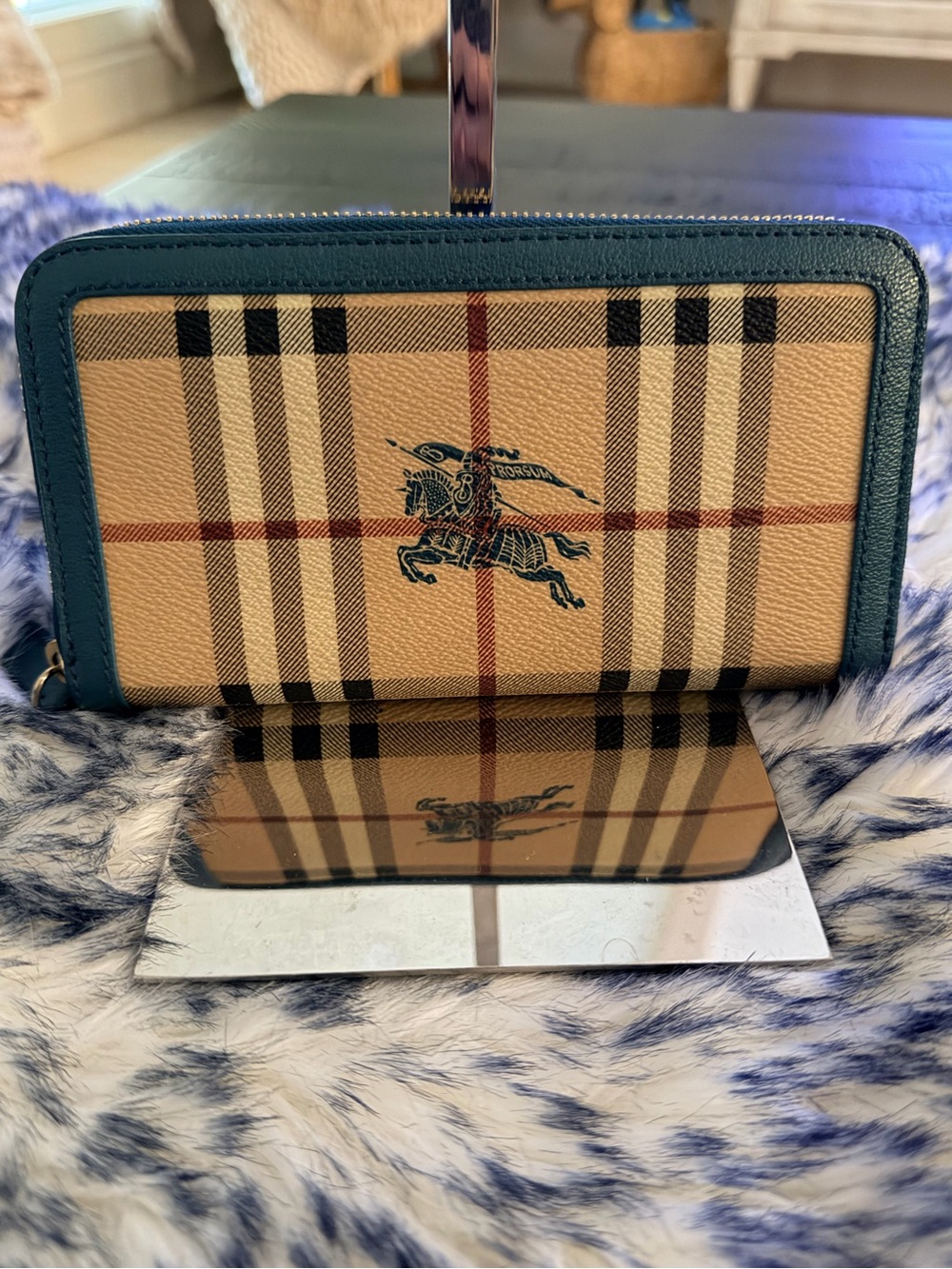Burberry Plaid Zip-Around Wallet with Teal Green Trim